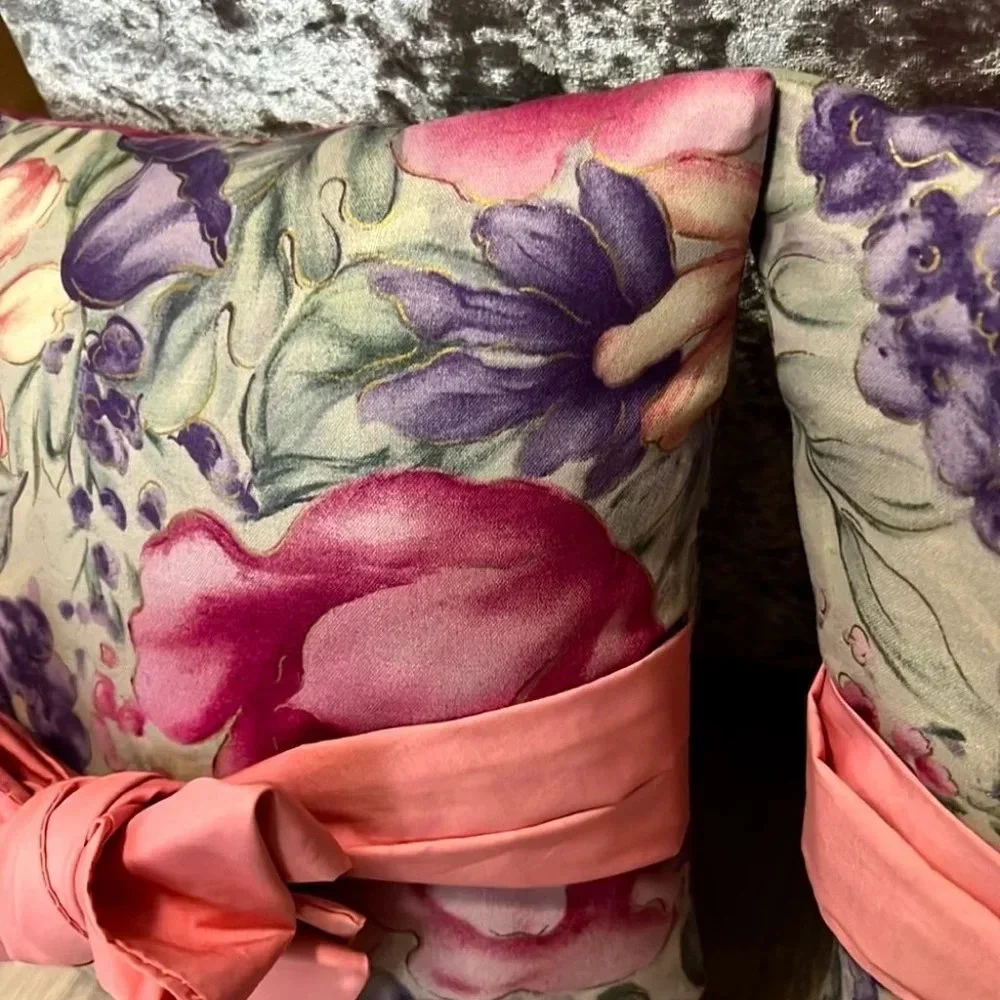 Vintage pillows bows floral pink green purple gold rare retro ribbon tie up